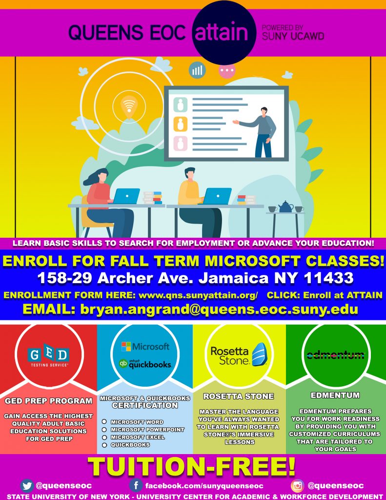 Microsoft Certification in Powerpoint, Excel and Word From Nov. 7th 2023  through Feb. 29th 2024 - SUNY Queens Educational Opportunity Center